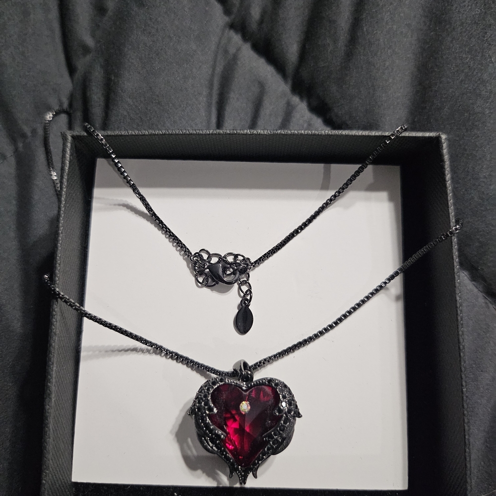 Gothic Red Heart Pendant Necklace with Black Chain